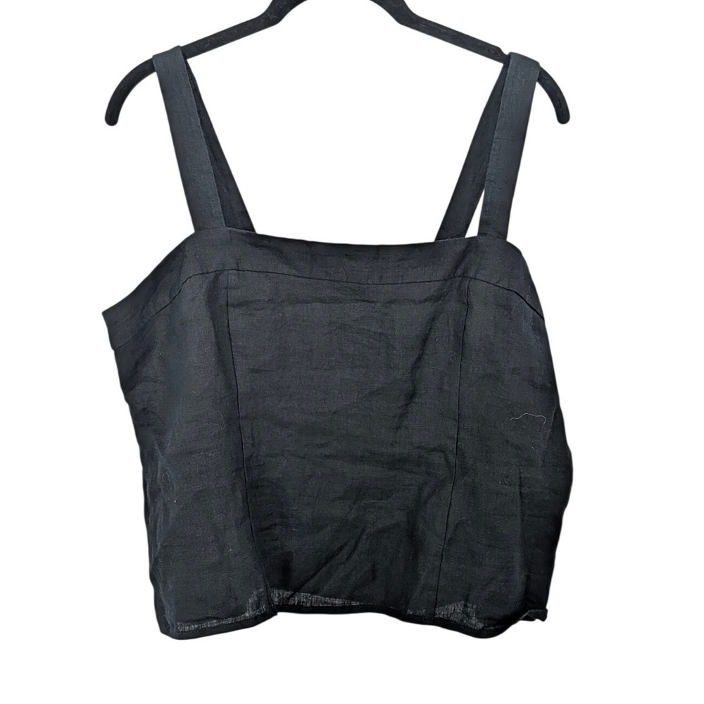 Quince Tank Top Women XL Black 100% Linen Smocked Back Zipper Minimalist Classic